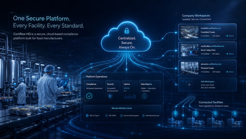 Secure cloud-based Certiflow HQ platform serving isolated company workspaces and connected food safety facilities