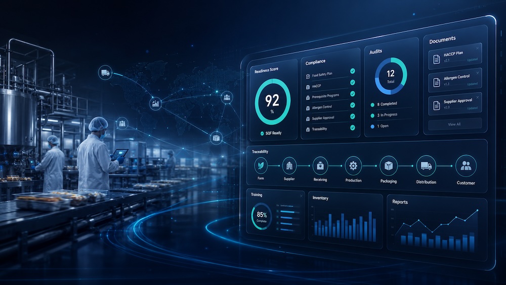 Certiflow HQ food safety compliance dashboard over a modern food production facility