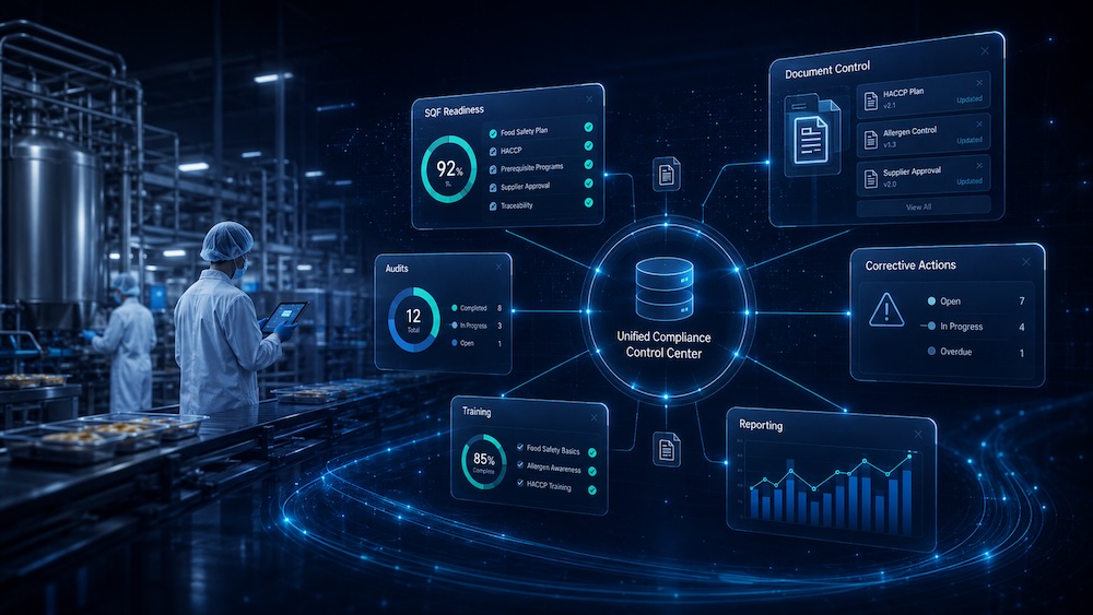 Unified compliance control center connecting SQF readiness, document control, audits, training, corrective actions, and reporting