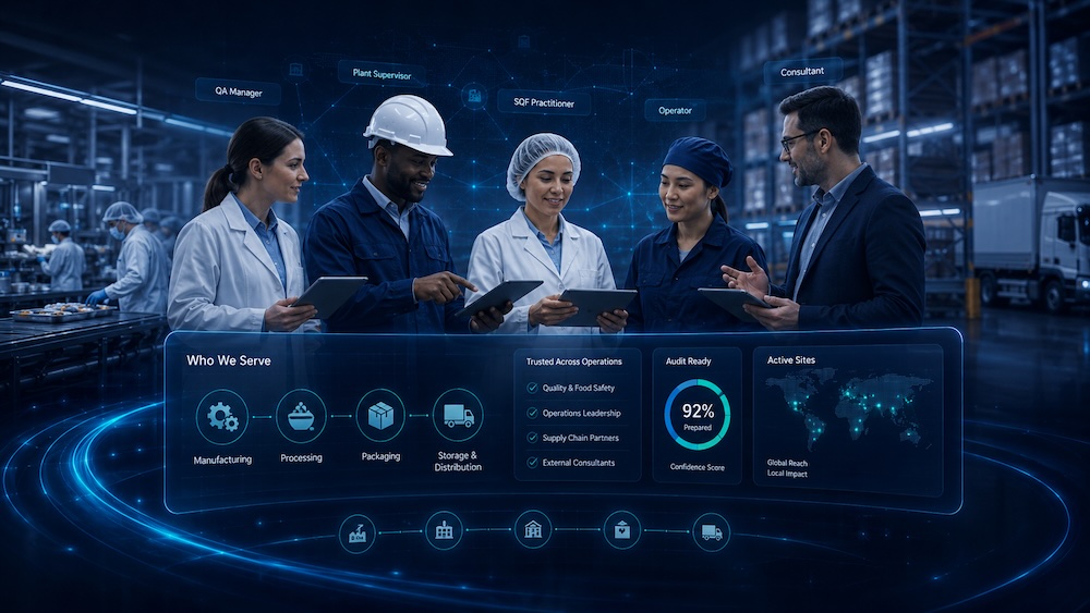 Quality, plant, operations, SQF, and consultant teams collaborating inside a food production facility