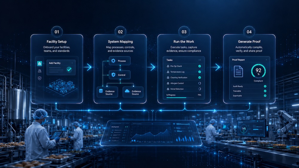 Four-step Certiflow HQ workflow from facility setup to system mapping, daily work, and proof generation